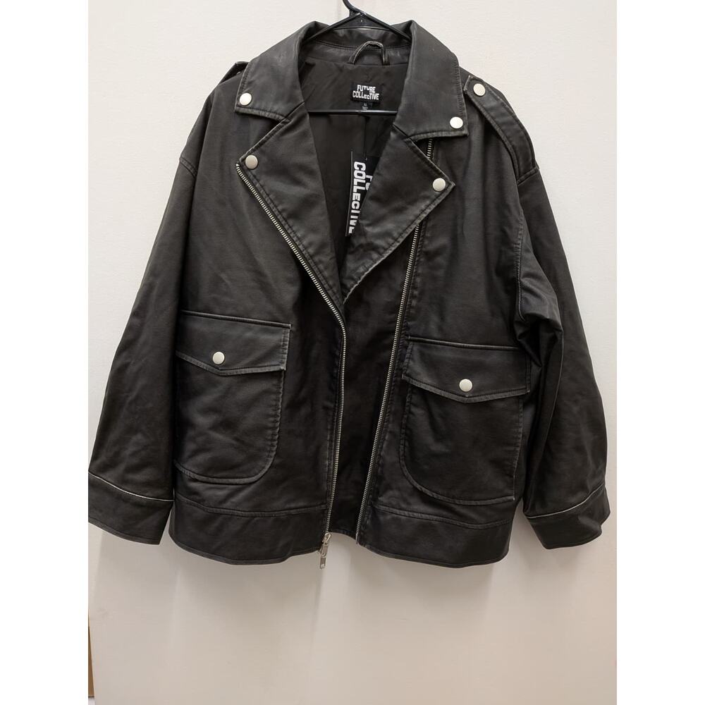 Future Collective Women’s Faux Leather Moto Jacket Black XL Oversized NWT